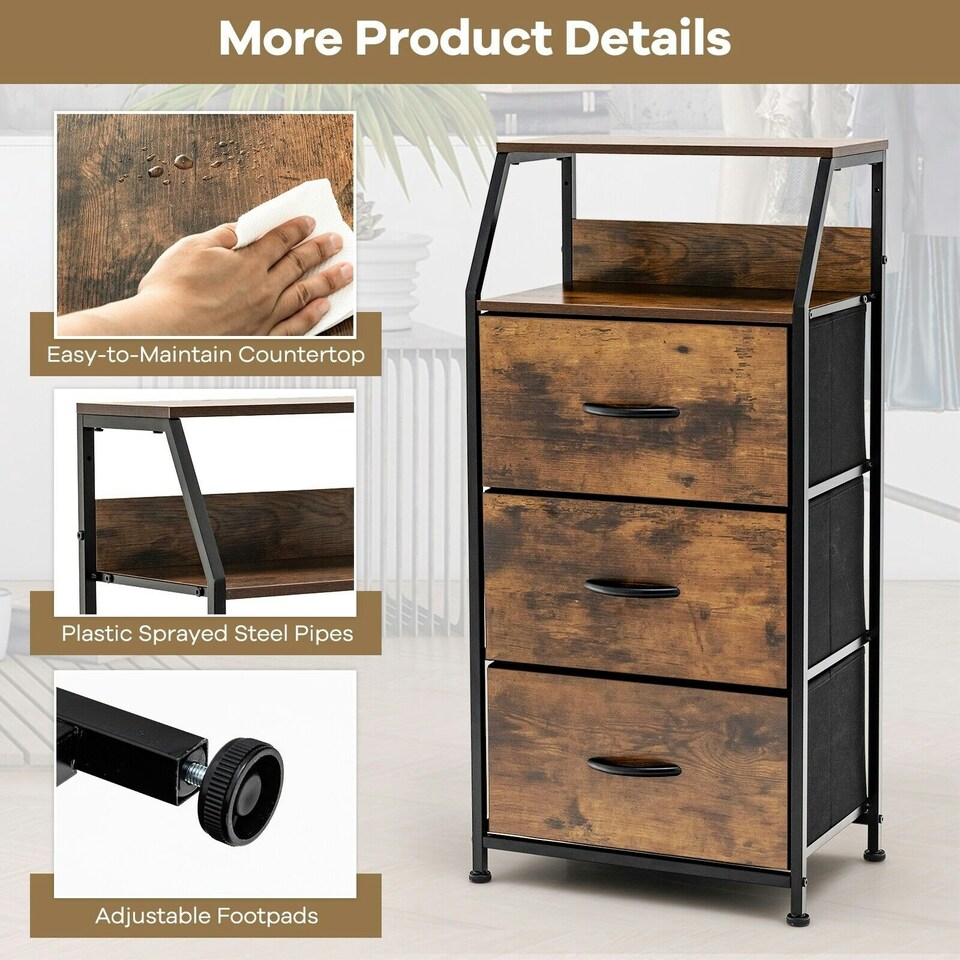 image 1 of COSTWAY 3-Drawer Storage Dresser Organizer W/ Fabric Drawers Brown