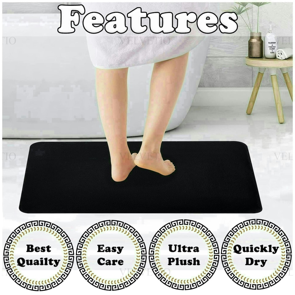 image 1 of VELVETIO Faux Fur Bath Mat Set Shaggy Super Soft Plush Anti Slip PVC Back Black