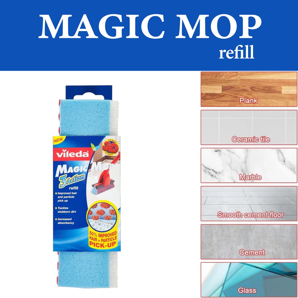 image 1 of Vileda Magic Mop Refill Sponge Floor Cleaning Replacement Head Hard Floors Pack of 3