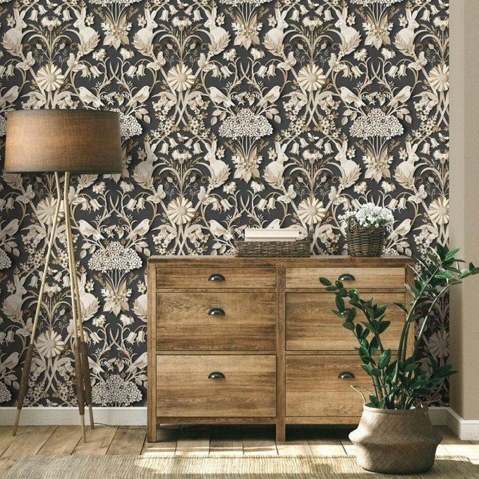 image 1 of Fine Decor Woodland Wallpaper - Charcoal - 10m x 53cm Black