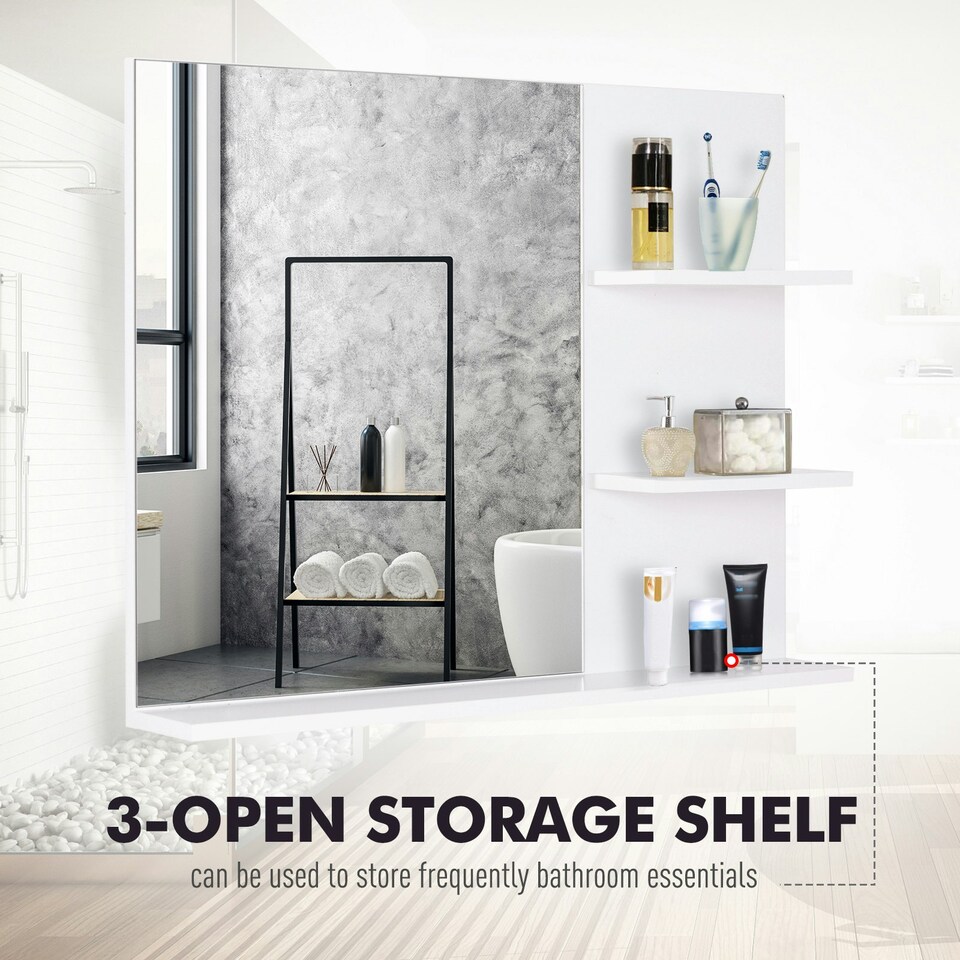 image 1 of kleankin Bathroom Mirror Wall Mount Vanity Mirror with 3 Storage Shelves, White