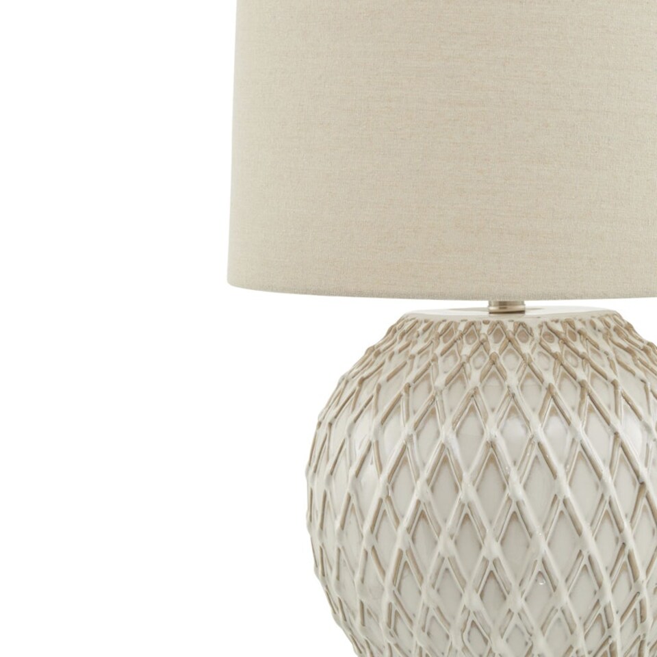 image 1 of Lattice Table Lamp with Linen Shade - Ceramic - L38 x W38 x H58 cm - Neutral Cream Cream