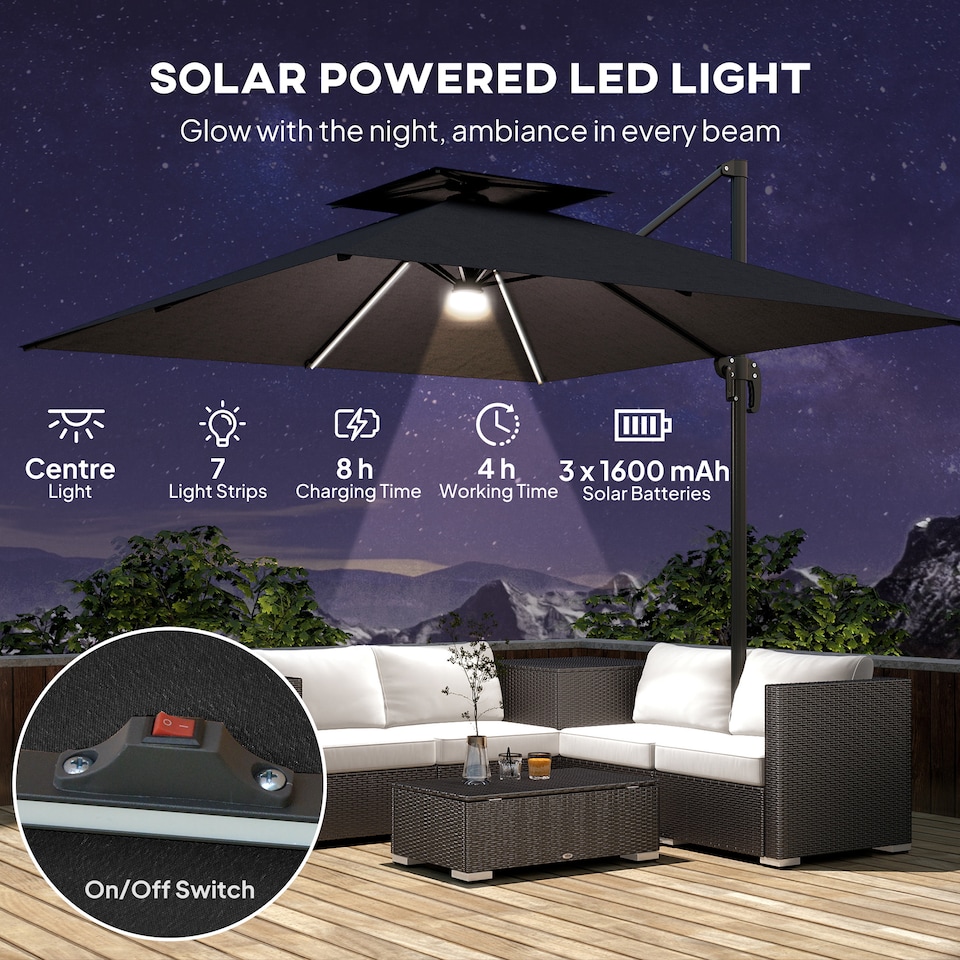 image 1 of Outsunny 2.5m Cantilever Parasol with Solar Powered LED Lights, Double Top Square Overhanging Garden Parasol, Tilt Adjustment, Crank Handle, Dark Grey | Grey | Dark Grey