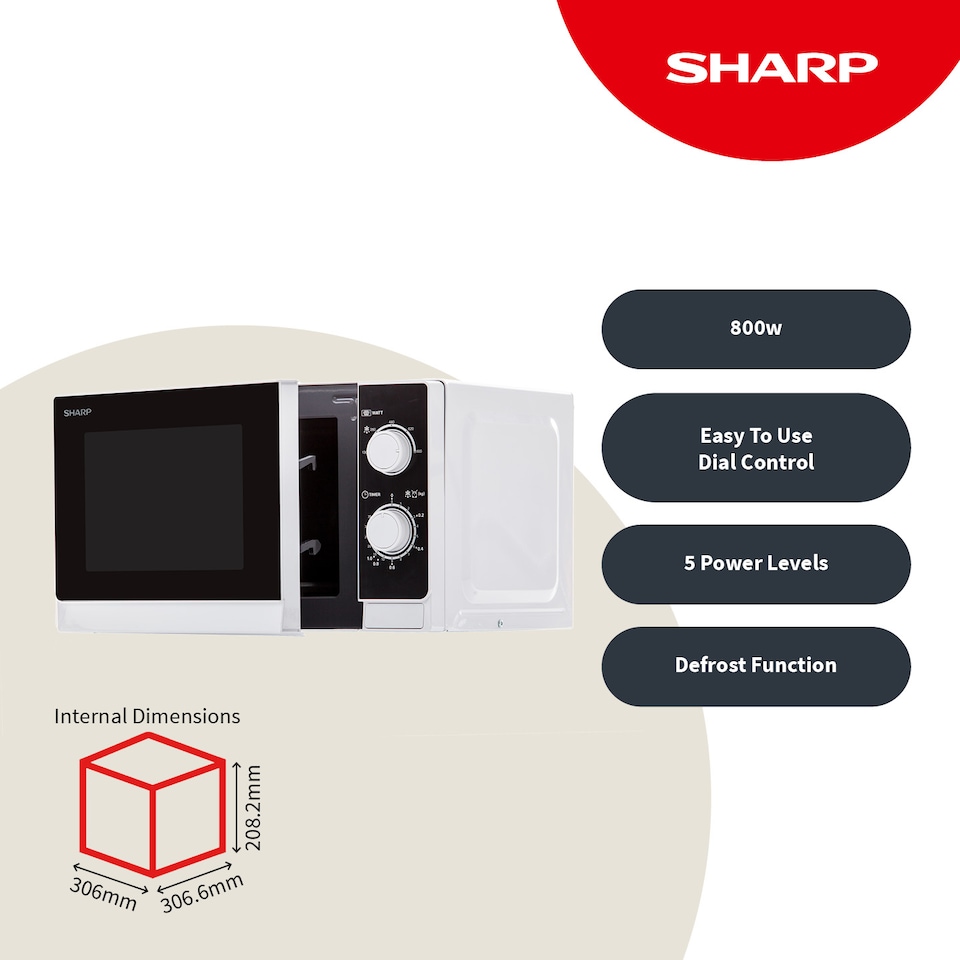 image 1 of Sharp 20L White 800W Manual Microwave with Defrost & 5 Power Levels