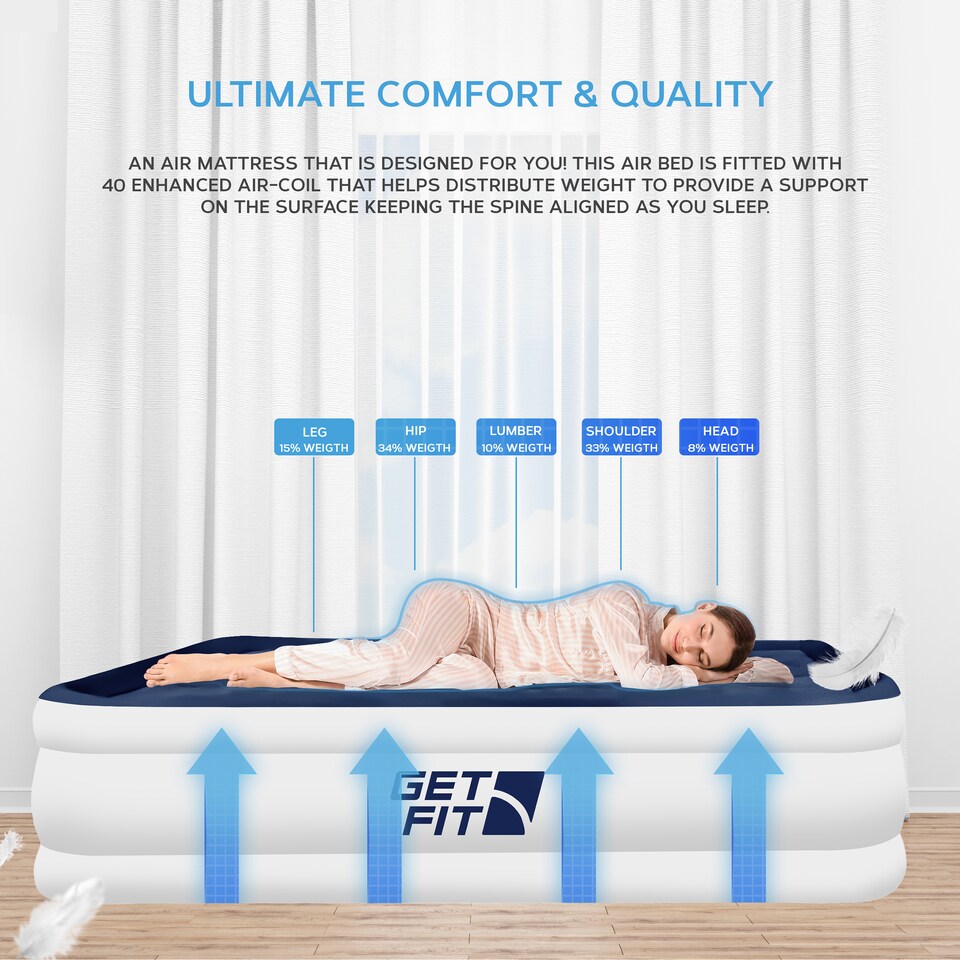 image 1 of Get Fit Air Bed With Built In Electric Pump - Premium King Size - Blow Up Bed With 2 X Free Pillows - Elevated Inflatable Air Mattress
