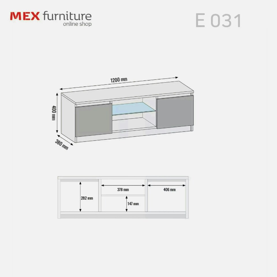 image 1 of TV Unit 120cm Grey Gloss Doors White Matt Body Glass Shelf Free LED White | Grey