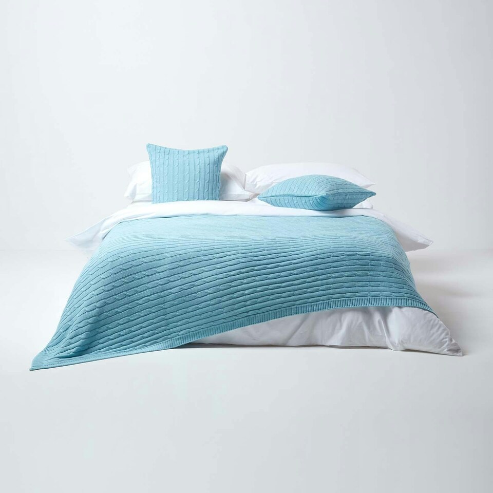 image 1 of Homescapes Cotton Cable Knit Pastel Blue Cushion Cover - 45 x 45 cm | Blue | Blue | 45 x 45 cm
