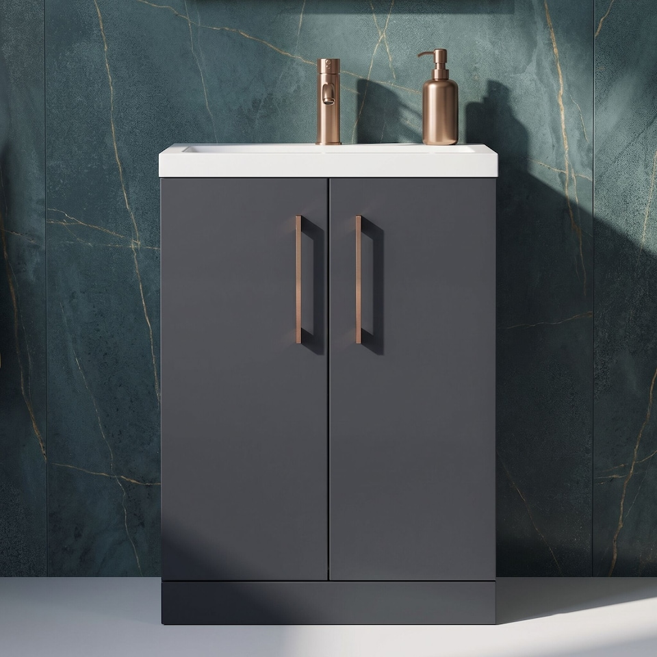 image 1 of Balterley Level Compact Bathroom Cloakroom Vanity Basin Unit with Ceramic Basin, Handles | Black | Satin Soft Black | 840 x 620 x 360mm