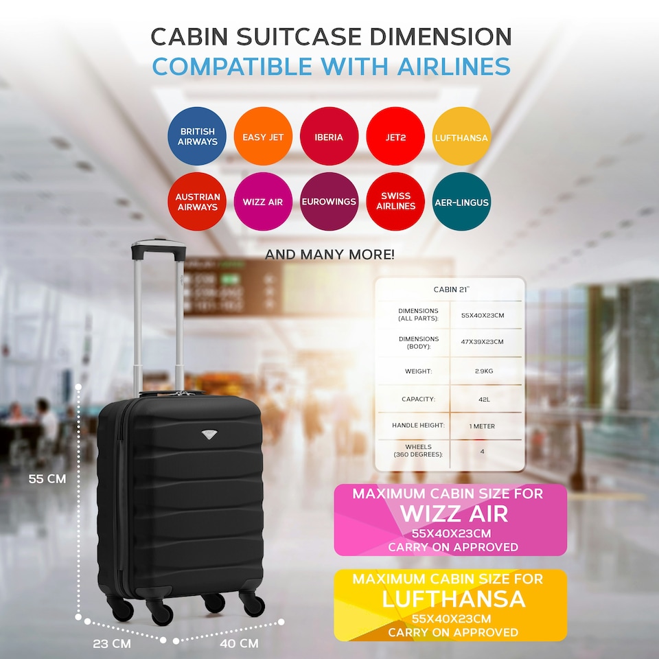 image 1 of Flight Knight 55x40x23cm Cabin Bag, Suitcase for Lufthansa & Over 30 Airlines Including British Airways, EasyJet - Lightweight 4 Wheel Carry On Suitcase | Black | Cabin Bag