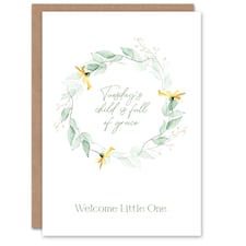 Tuesday's Child is Full of Grace Floral Wreath New Baby Card