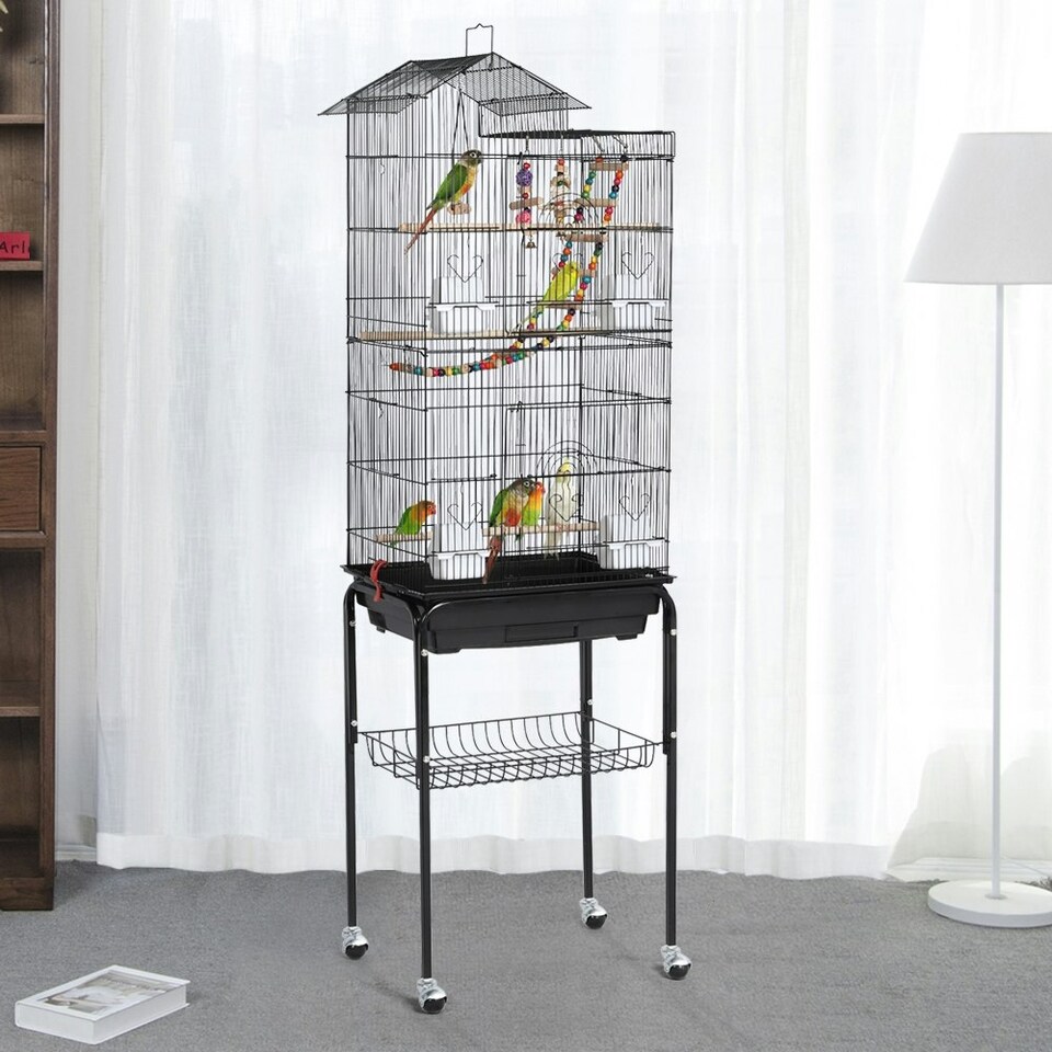 image 1 of Yaheetech 158.5 cm Tall Roof Top Birdcage with Rolling Metal Stand Black