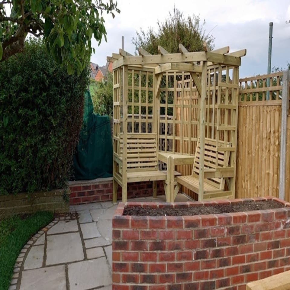 image 1 of Clementine Corner Garden Arbour - 4 Seat, Timber Pergola - 2 Bench & Coffee Table - L150 x W290 x H205 cm - Min. Assembly Required