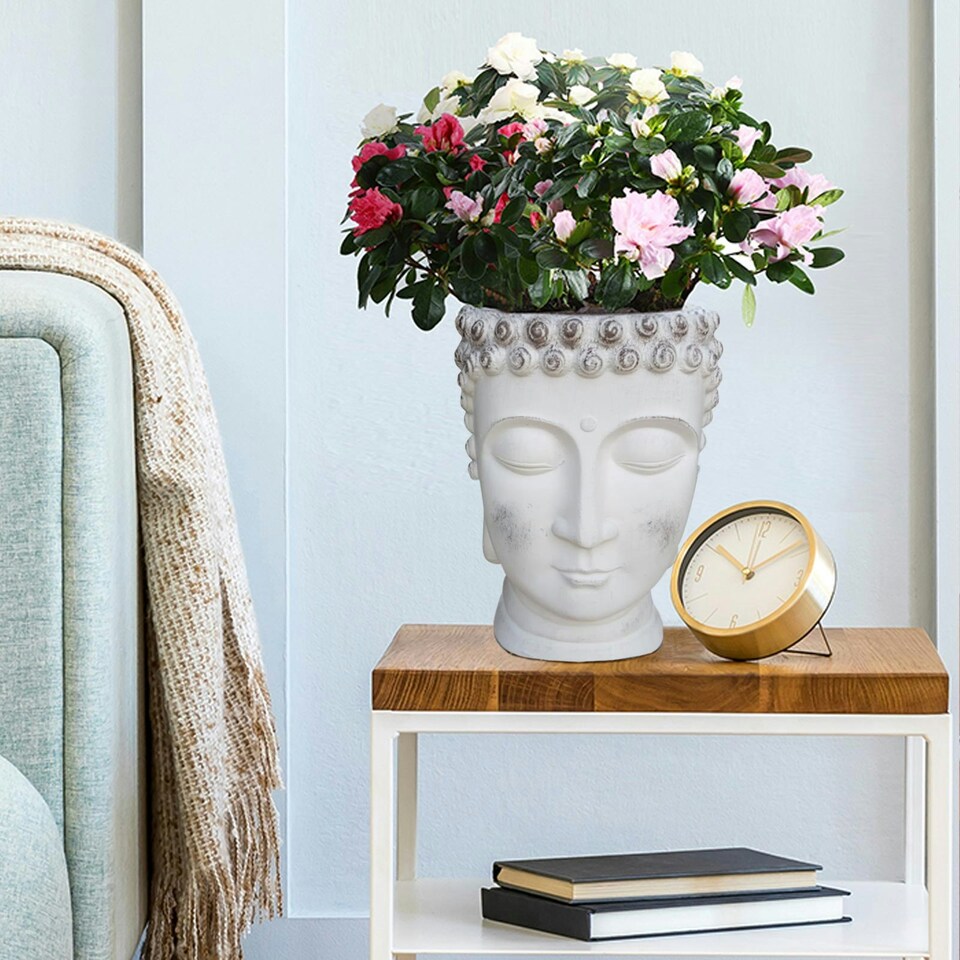 image 1 of White Oval Face Planter Head Buddha Plant Pot Indoor Pot Cover L26.5 W25 H34 cm, 8.4 ltrs Cap.