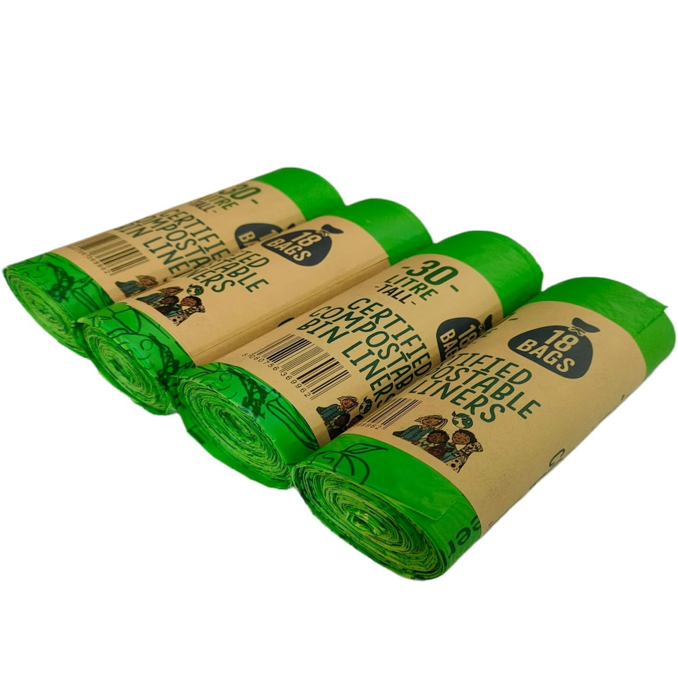 image 1 of Eco Green Living Plastic Free Bin Liners, Designed to Break Down Naturally Leakproof, Strong Food Waste Bin Bags 30 Liters 18 Bags 4 Pack