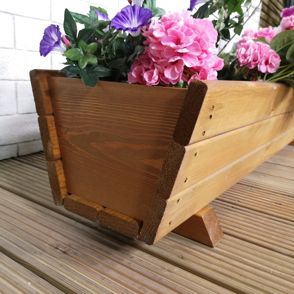 image 1 of Tom Chambers Hand Made 87cm x 28cm Traditional Rustic Wooden Large Garden Trough Flower Bed Planter Brown