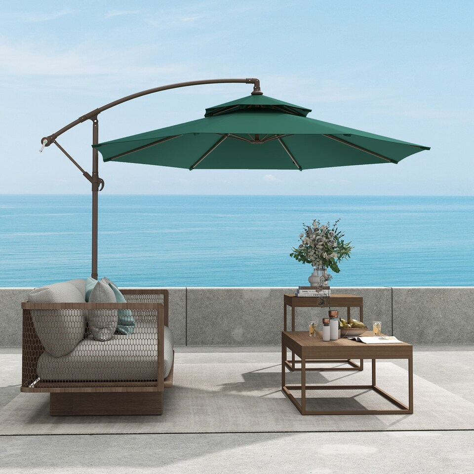 image 1 of Outsunny 2.7m Garden Banana Parasol Cantilever Umbrella with Crank Handle, Double Tier Canopy and Cross Base for Outdoor, Hanging Sun Shade, Green