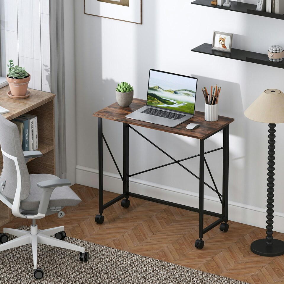 image 1 of HOMCOM Folding Desk on Wheels, Writing Table for Home Office, Brown Brown | White
