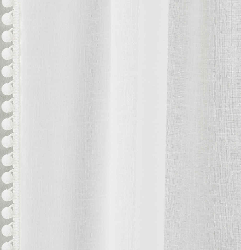 image 1 of Pair of Tahiti White Pom-Pom Trim Linen Look Voile Panels with Rod Pocket Header 122 CMS