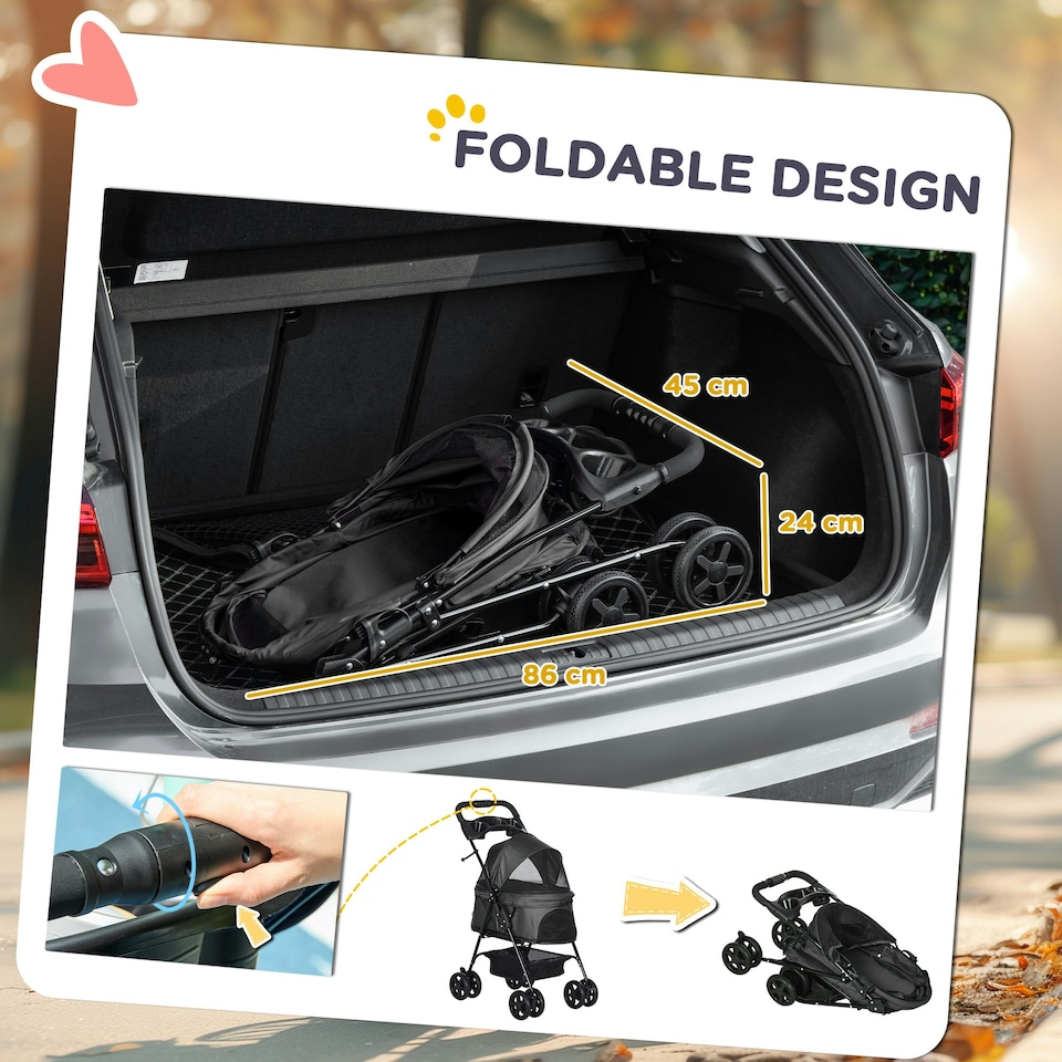 image 1 of PawHut Pet Stroller Foldable Travel Carriage w/ Brake Basket Canopy, Black