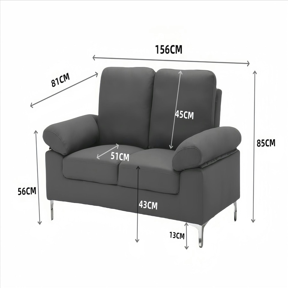 image 1 of Modern Two Seater Sofa Grey Fabric with Chrome Feet - Comfortable Couch with Cushion for Living Room, Bedroom or Office Grey