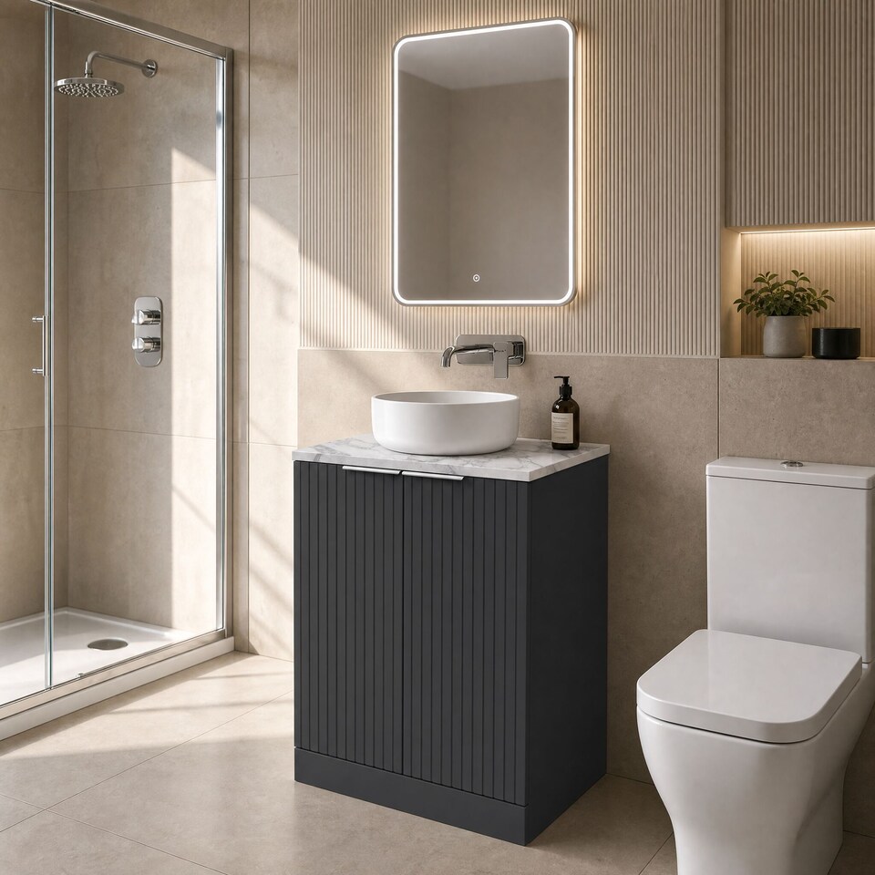 image 1 of Balterley Callingwood Contemporary Floor Standing 2 Door Vanity Unit with Carrera Marble Laminate Worktop , 600mm, Dark Grey