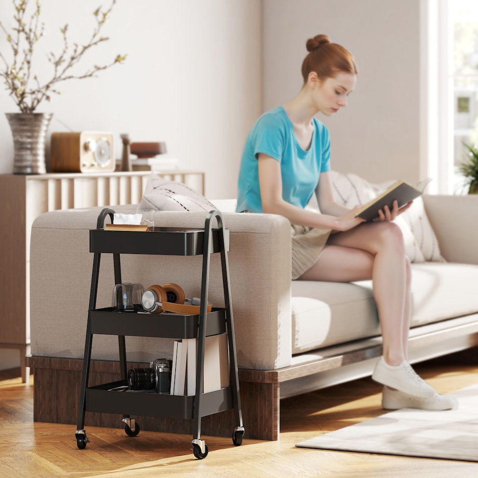 image 1 of HOMCOM 3-Tier Storage Trolley on Wheels, Rolling Utility Cart with Handles, Mobile Kitchen Storage Cart for Living Room, Dining Room, Bedroom, Bathroom, Black