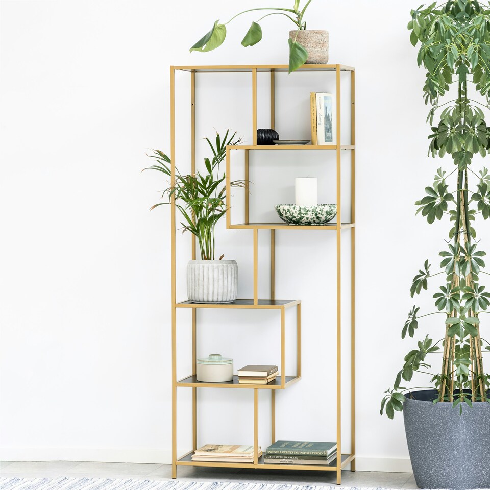 image 1 of Seaford Tall Gold Metal Bookcase with 5 Black Shelves