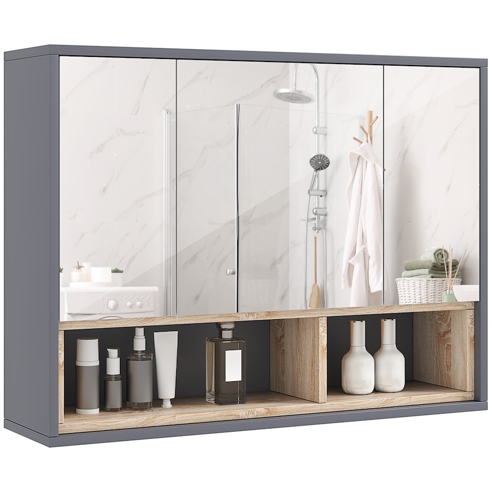image 1 of HOMCOM Bathroom Mirror Cabinet, Wall Mounted Bathroom Cabinet with Mirror, 3 Doors and Cupboards, Grey | Grey | Grey