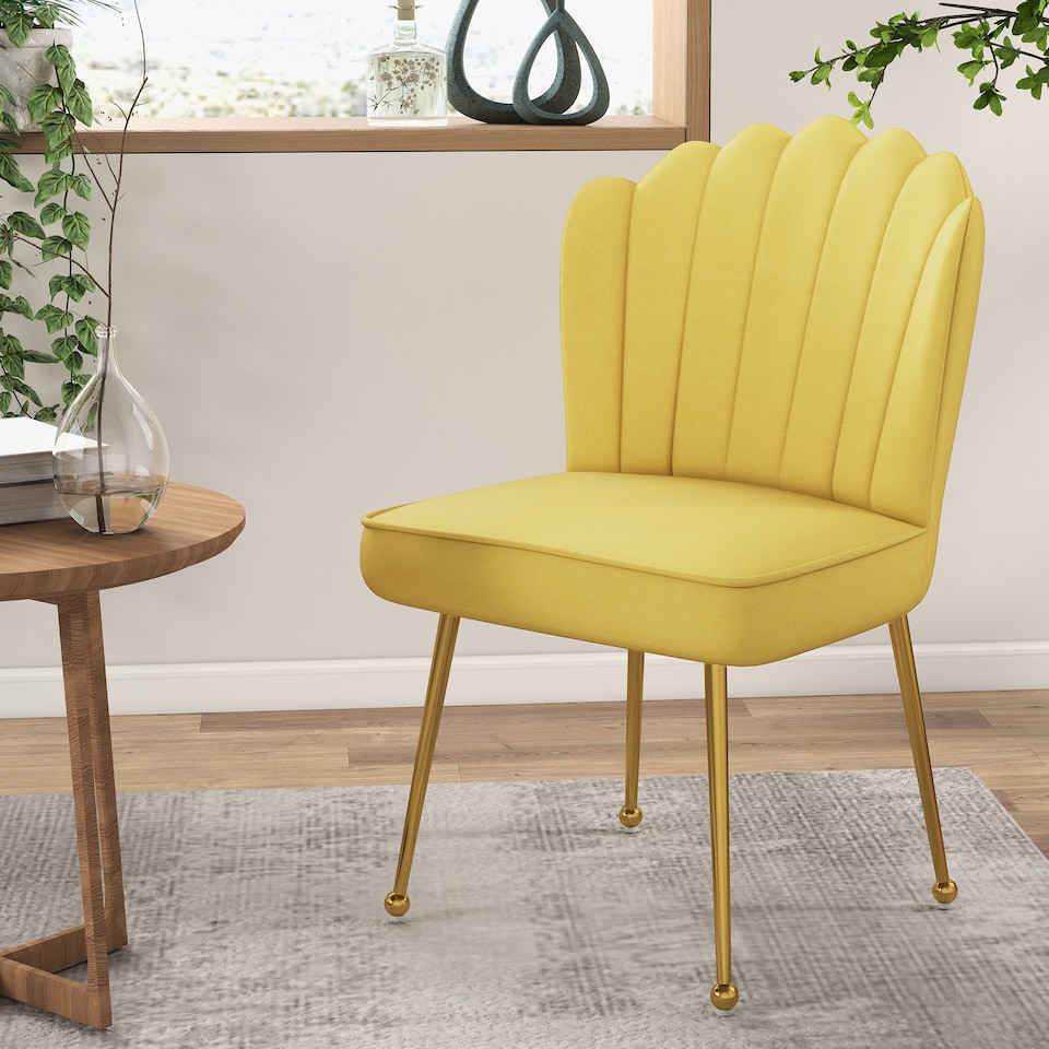 image 1 of HOMCOM Shell Luxe Velvet Accent Chair with Gold-tone Metal Legs, Modern Vanity Chair for Living Room, Bedroom, Home Office, Yellow