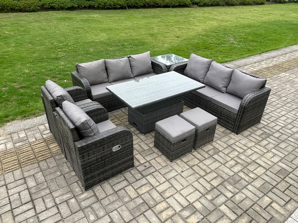 image 1 of Fimous Rattan Outdoor Garden Furniture Sets Height Adjustable Rising lifting DiningTable Sofa Set with Reclining Chair Side Table 2 Small Footstools Dark Grey Mixed