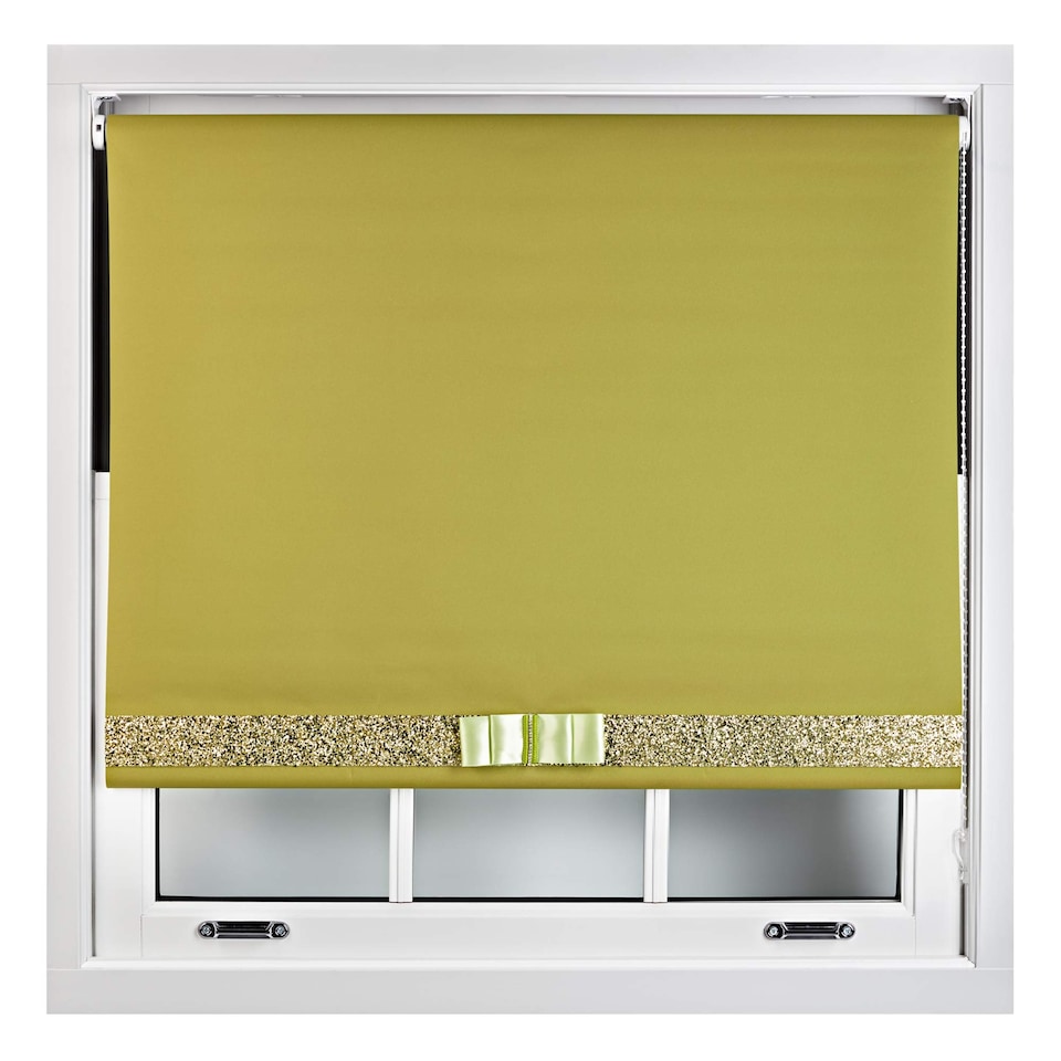 image 1 of FURNISHED Blackout Roller Blind with Gold Glitter Trim and Green Bow Cut to Size | Green | Green | (W) 150cm x (L) 165cm