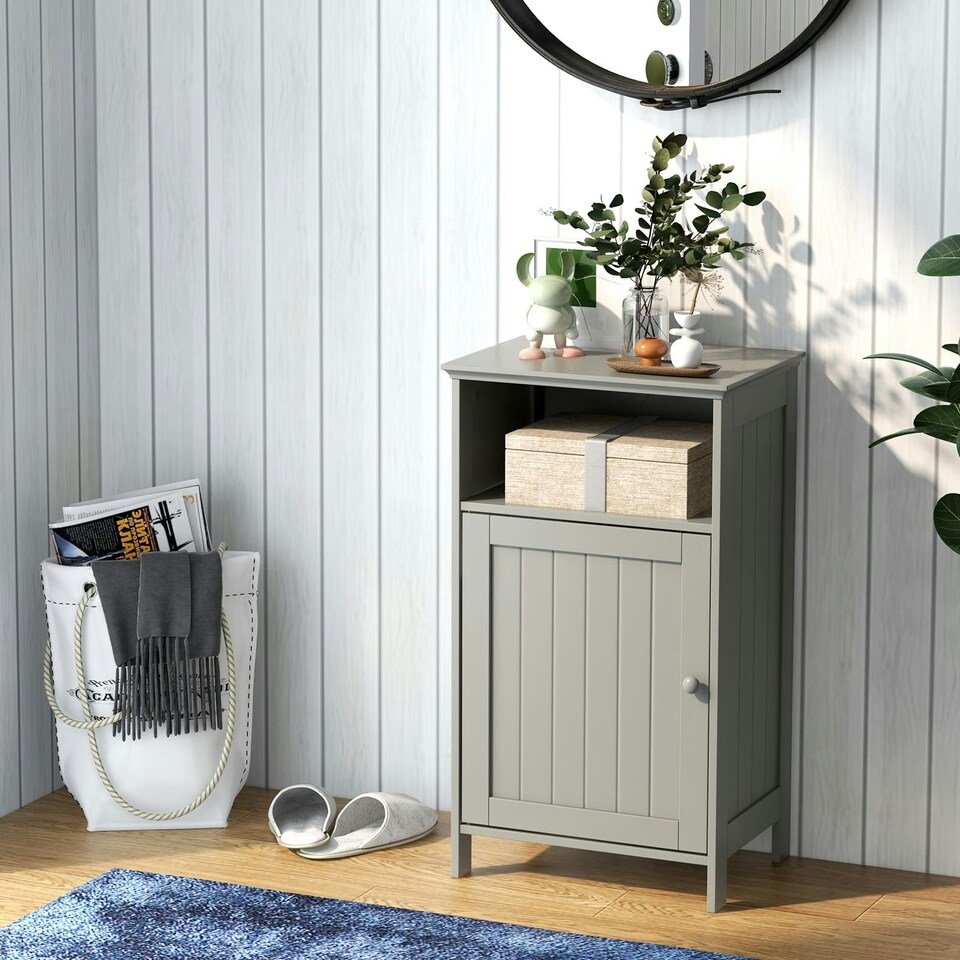 image 1 of COSTWAY Bathroom Floor Cabinet Single Door w/Shelf Grey Grey