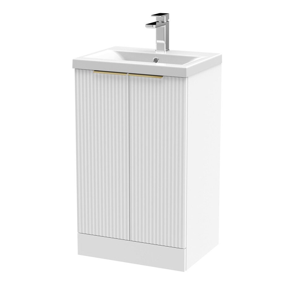 image 1 of Balterley Fluted 2-Door Floor Standing Vanity Unit with Basin & Handles | White | Satin White