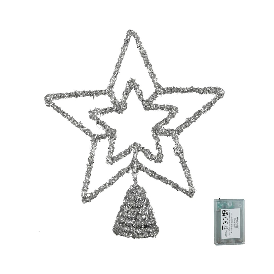 image 1 of 28cm Battery Powered Silver Christmas Star Tree Topper with Blue Multi-Action LEDs