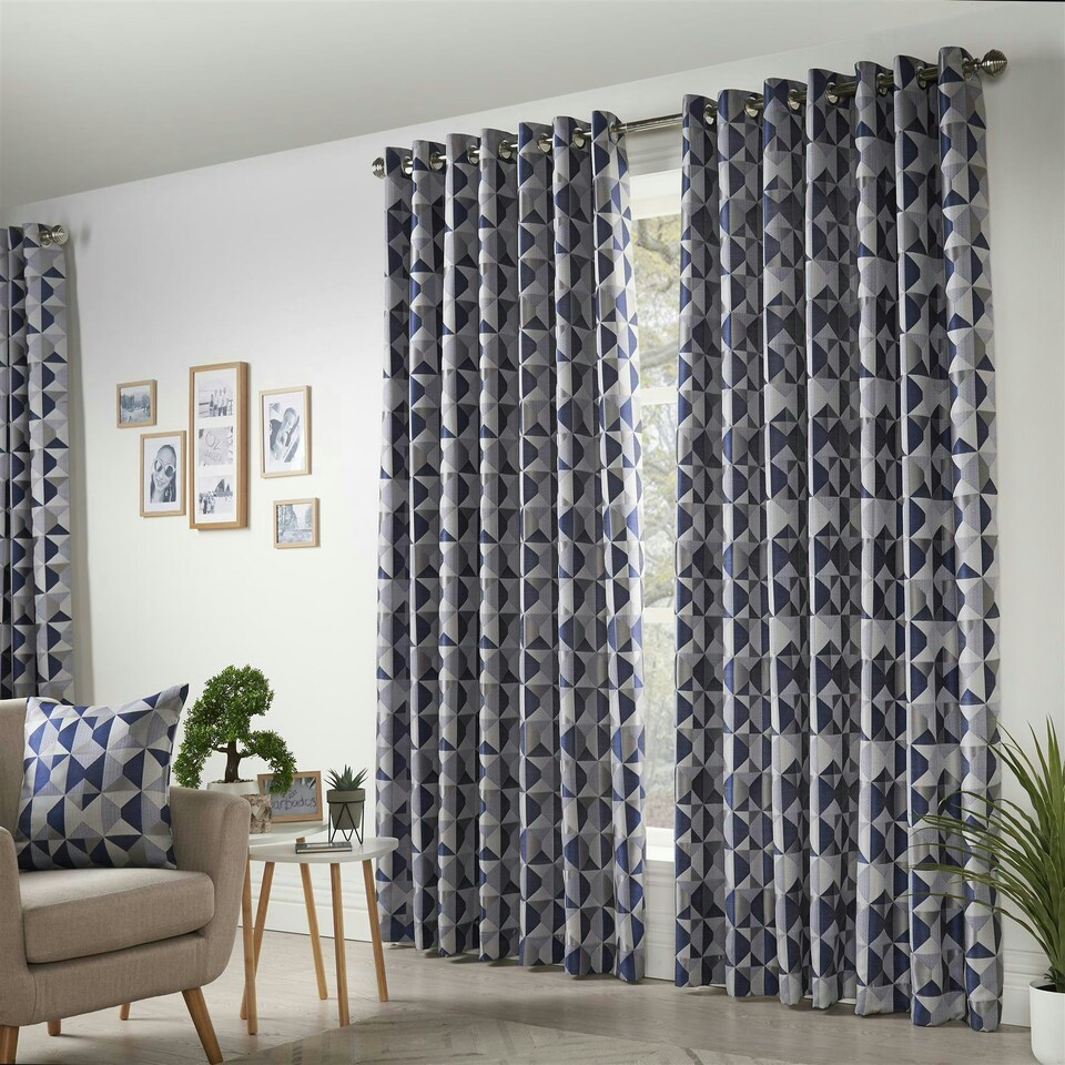image 1 of Scandi Ring Top Lined Curtains - 168cm x 137cm - Navy/Silver