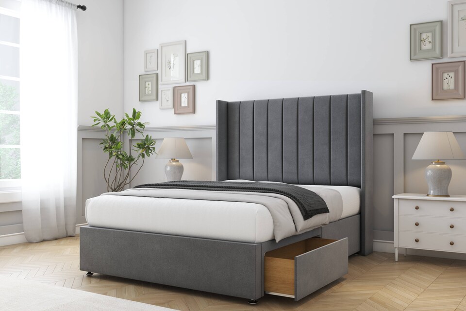 image 1 of Sloomy Falcon Armour Coniston Divan Bed With Mattress 2 Drawers Footend With 54" Wingback Headboard 4'6 Double | Grey | Armour | Double | 1