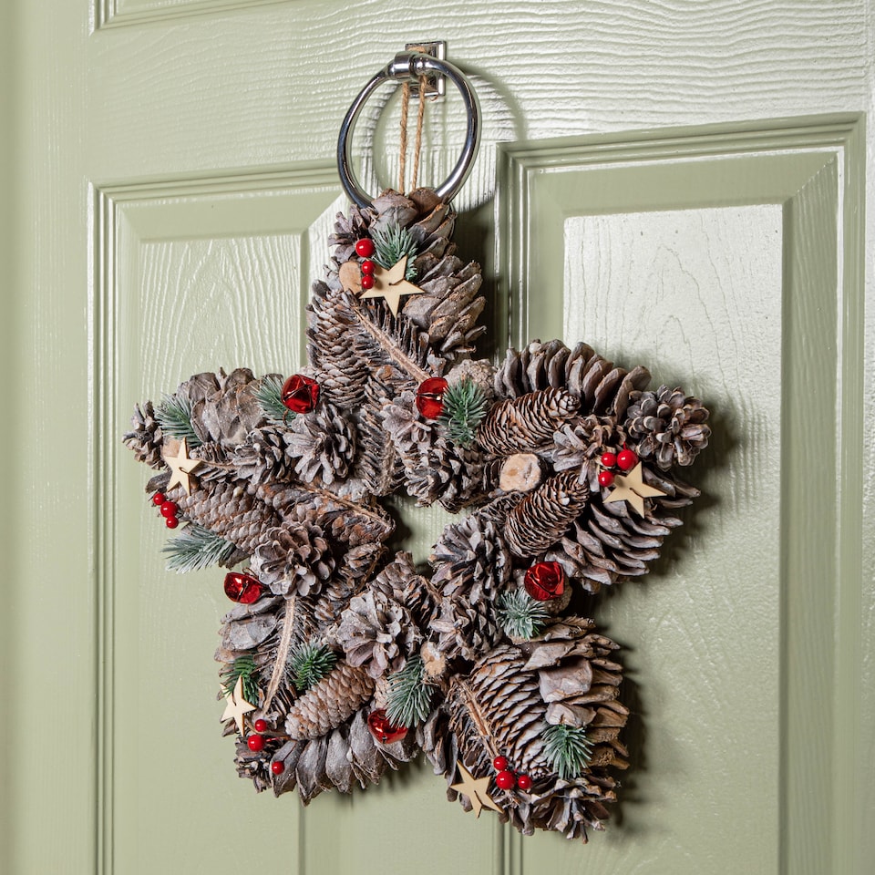 image 1 of 35cm Frosted Hanging Christmas Star Wreath with Red Jingle Bells & Wooden Stars