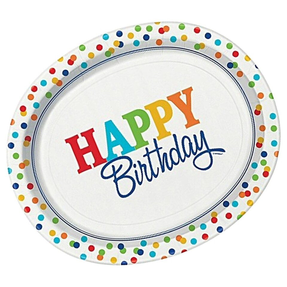 image 1 of Unique Party Rainbow Paper Polka Dot Happy Birthday Party Plates (Pack of 8) - Multicoloured - One Size