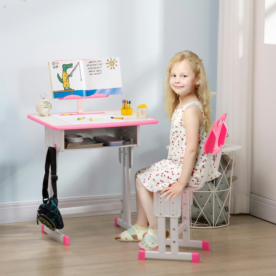 image 1 of HOMCOM Kids Desk and Chair Set w/ Drawer, Book Stand, Pen Slot, Grey