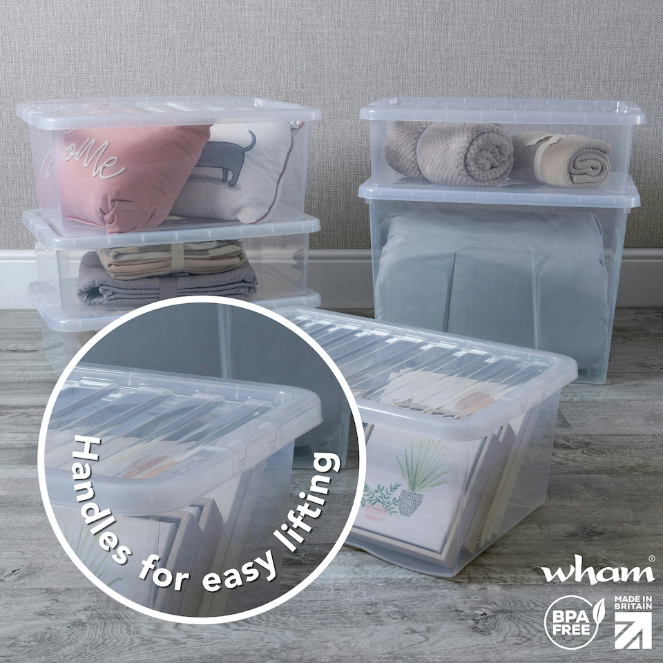 image 1 of Wham Crystal 5 x 45L Stackable Plastic Storage Boxes with Lids Clear
