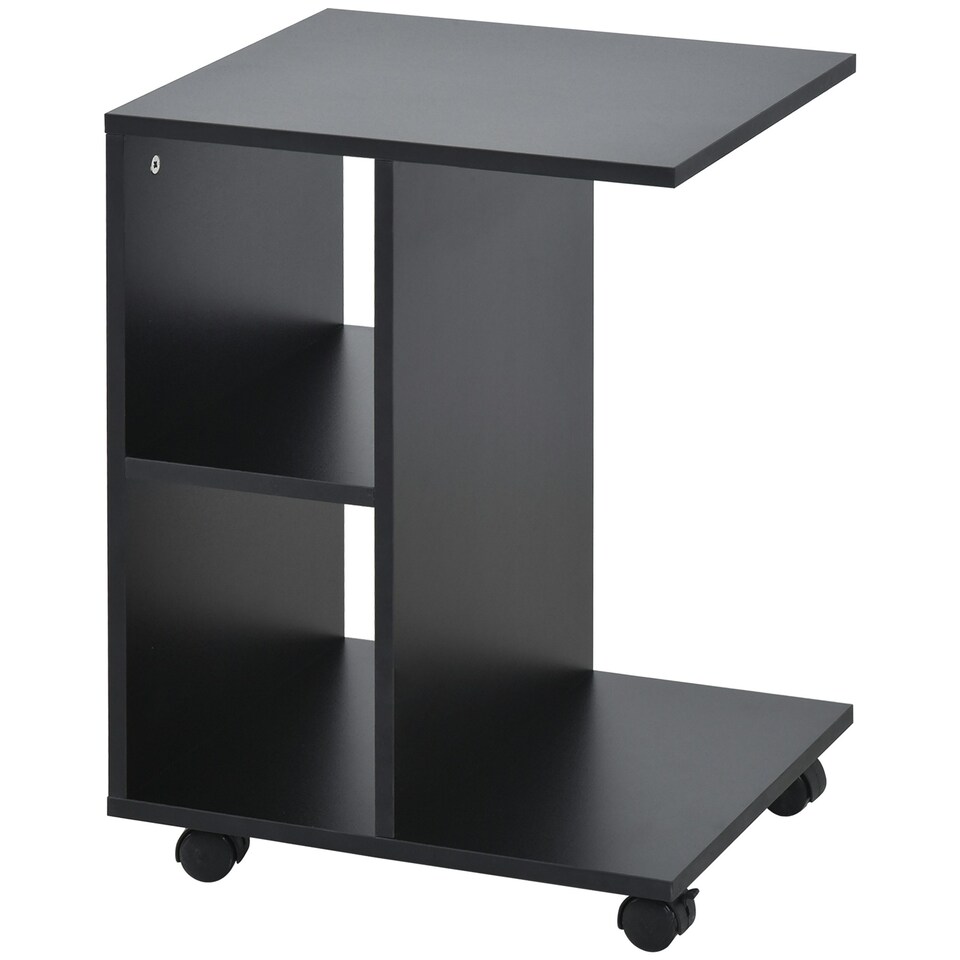 image 1 of C-Shape End Table Unique Storage Unit w/ 2 Shelves 4 Wheels Home Office White