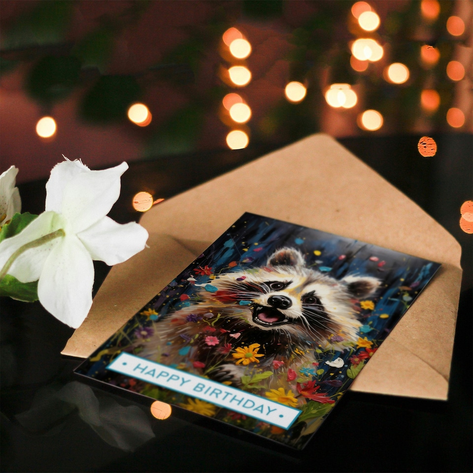 image 1 of Happy Birthday Playful Raccoon in Wildflower Meadow Birthday Card