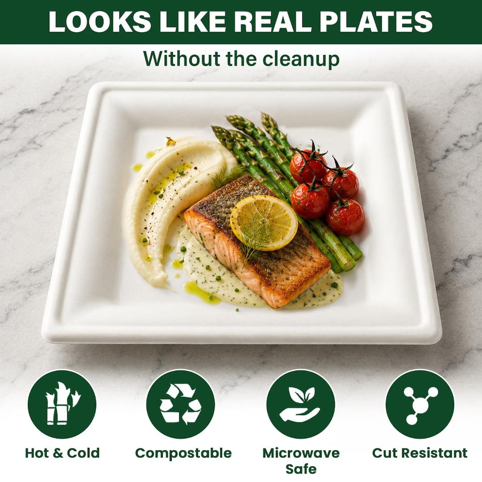 image 1 of ECONX 10 Inch Large Square Disposable Bagasse Plates Biodegradable Strong Paper Plates 25pk