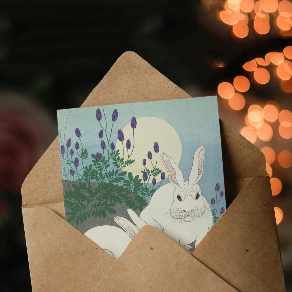 image 1 of Happy Birthday Ohara Koson Rabbits Vintage Japanese Birthday Card