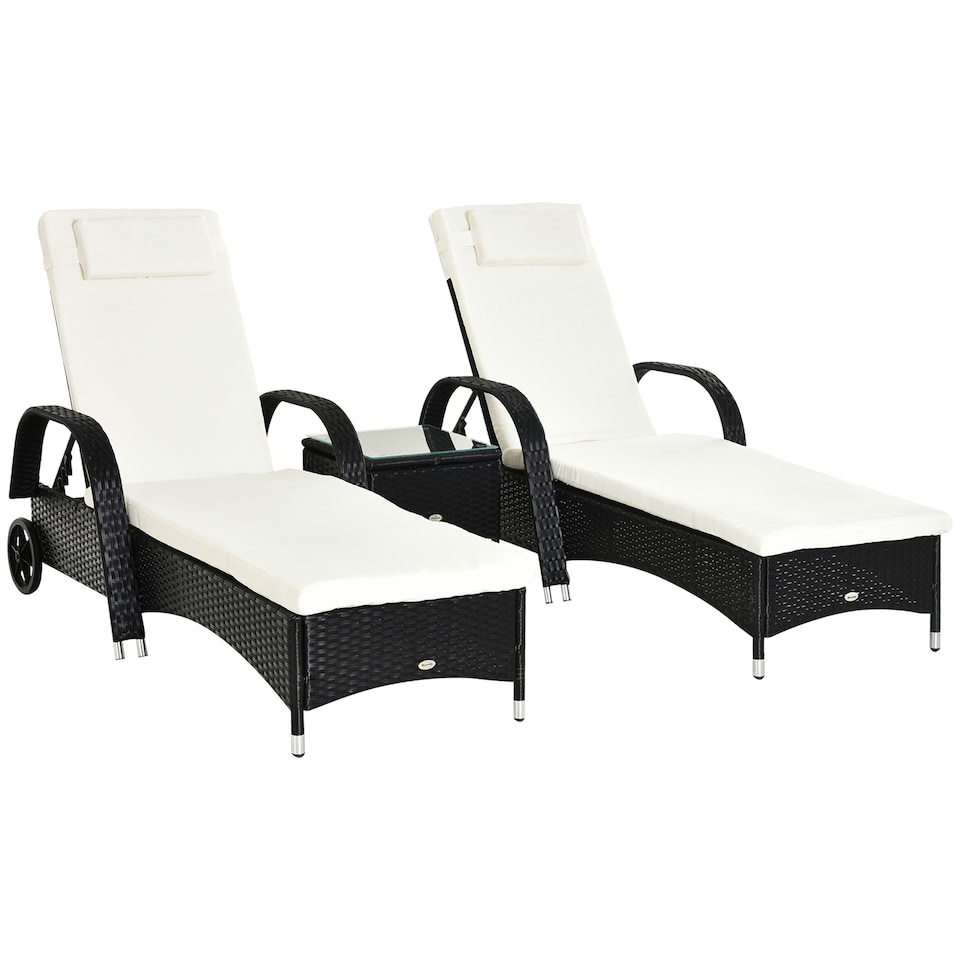 image 1 of Outsunny 3 PCS Rattan Lounger Recliner Bed Garden Furniture Set w/ Side Table