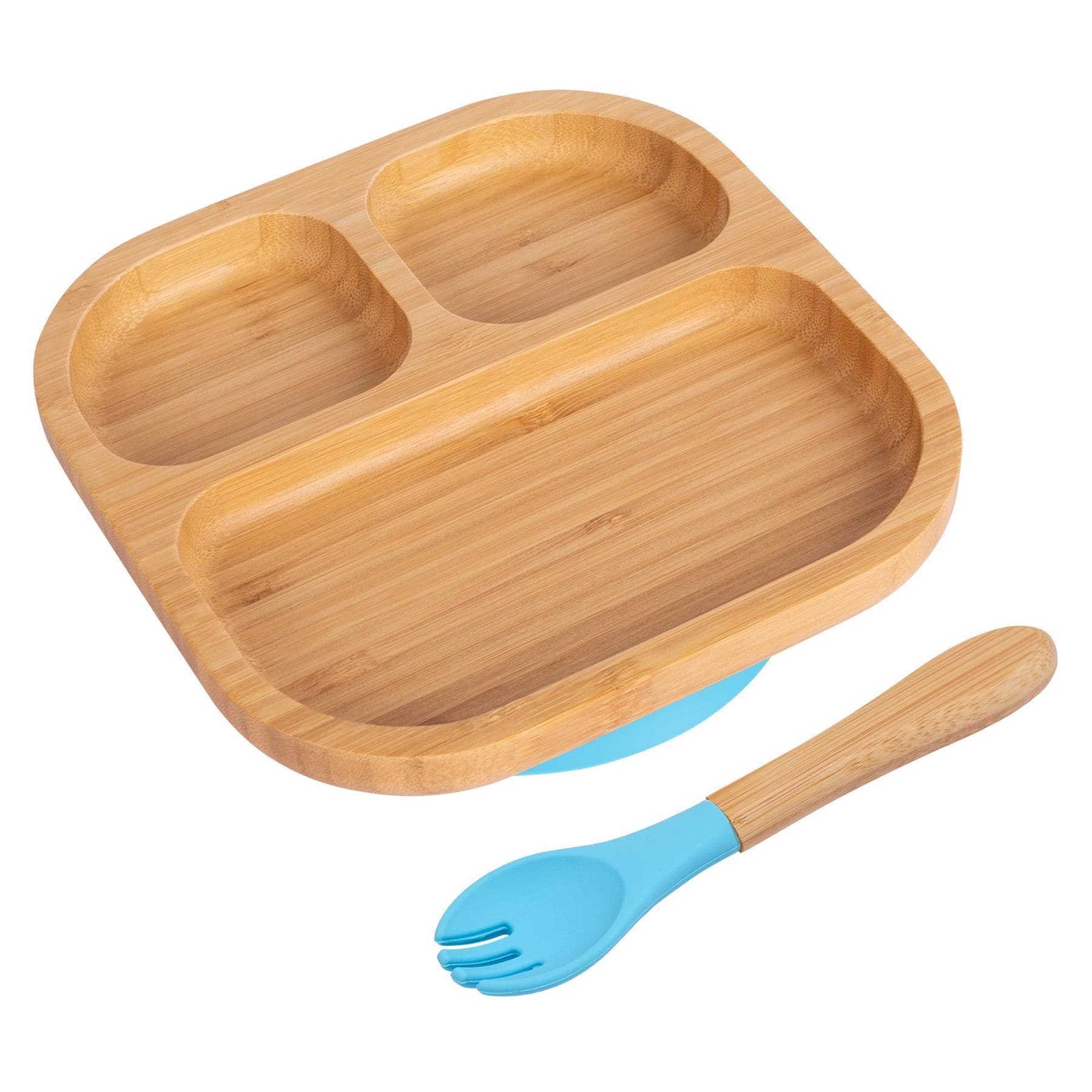 Tiny Dining Bamboo Weaning Plate & Fork Set - Segmented/Blue - Divided Non-Slip Bamboo Baby Self-Feeding Weaning Plate & Cutlery