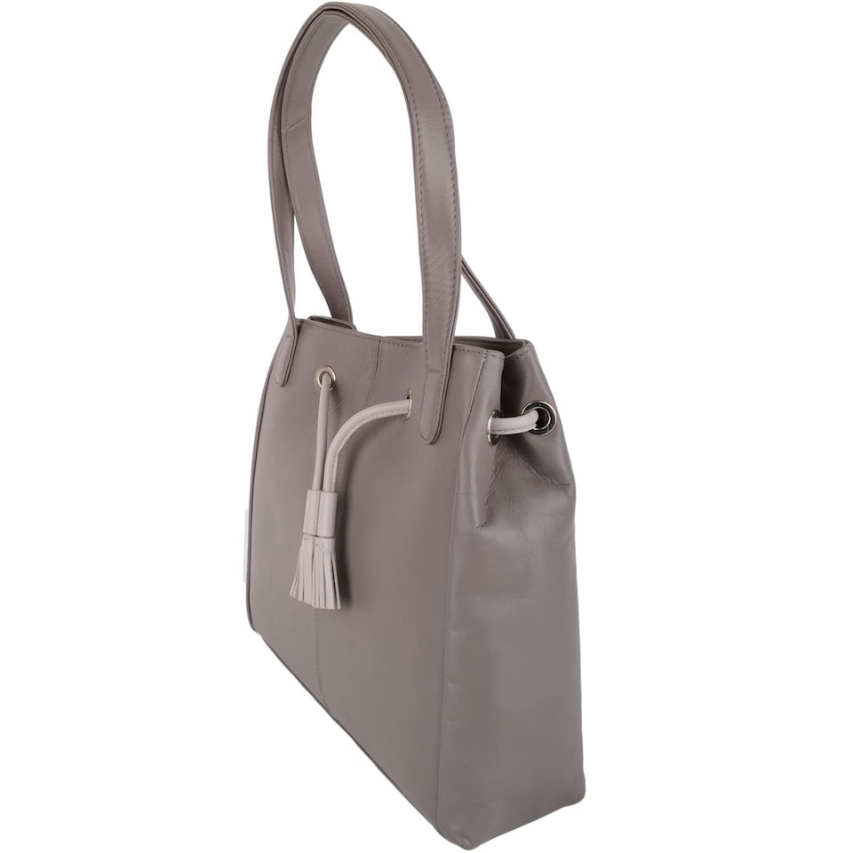 image 1 of Genuine Soft Leather Contrast Drawstring Tote Style Shoulder Handbag Brown | Taupe