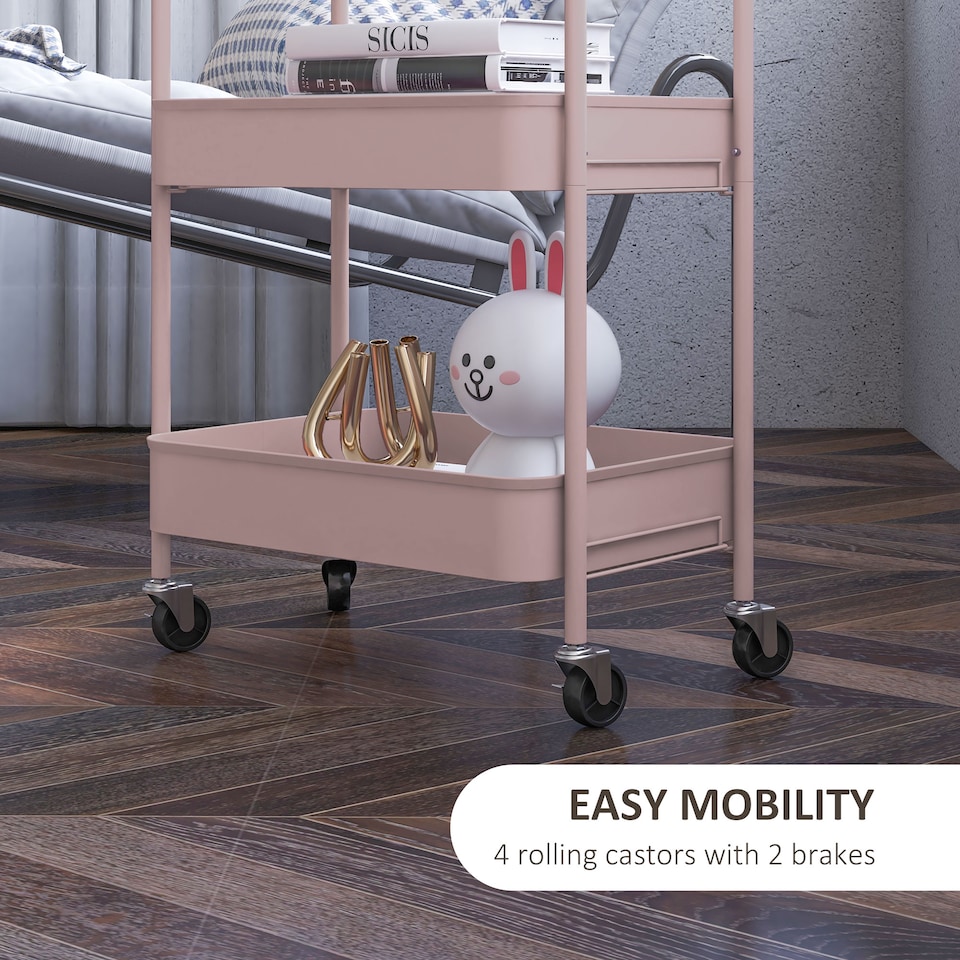 image 1 of HOMCOM 3-tier Storage Trolley on Wheels, Metal Storage Cart, Rolling Ultility Cart with 3 Mesh Baskets for Living Room, Kitchen, Pink