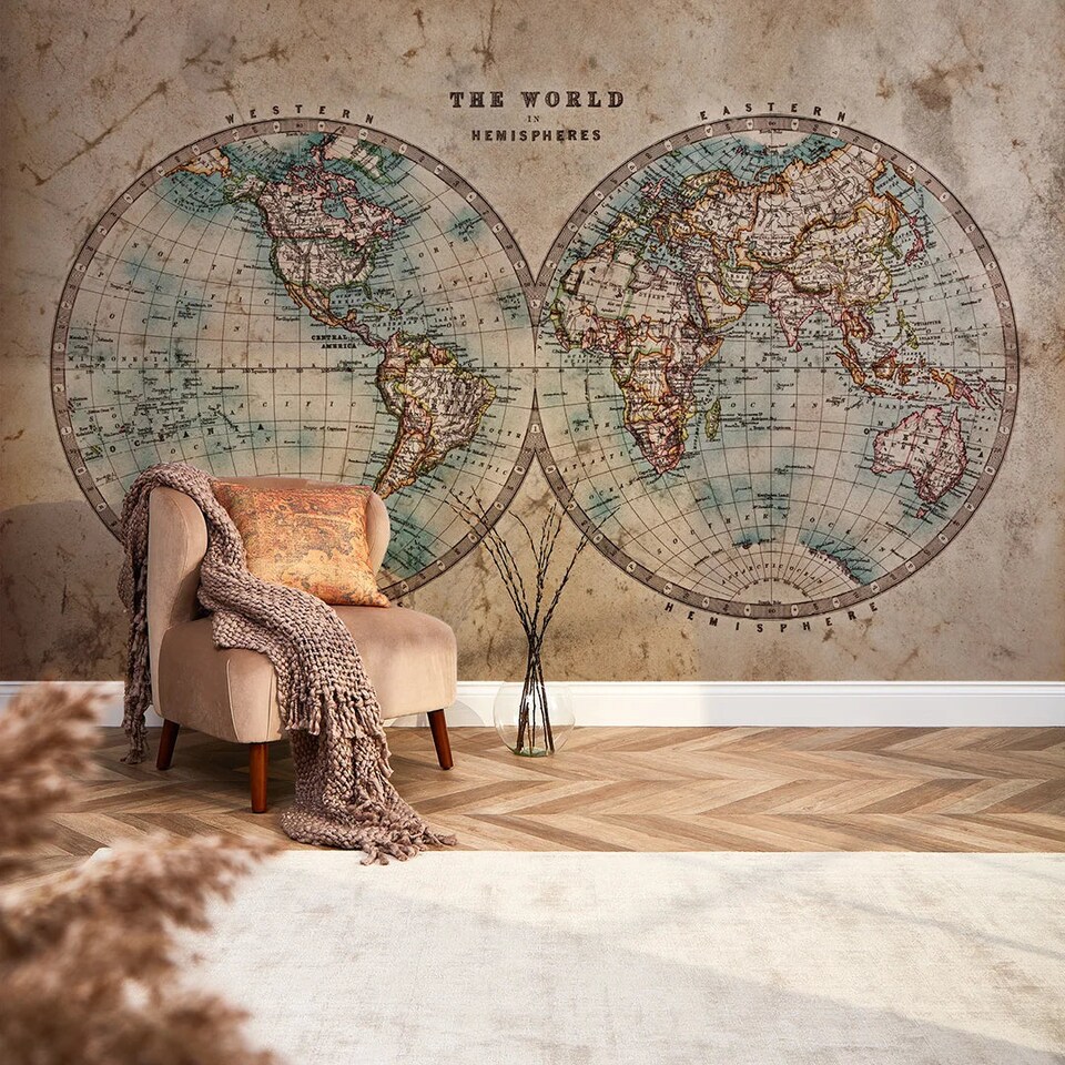 image 1 of Hemisphere Map Full Wall Mural in Earthy Tones | Cream | Earthy Tones | Extra Large (350cm x 240cm)
