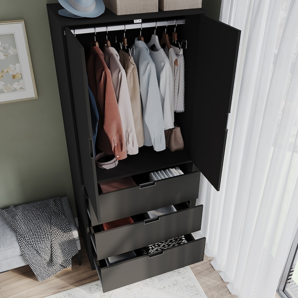 image 1 of 2 Door 3 Drawer Wardrobe with Hanging Rail - Modern Bedroom Storage Furniture | Black | Black with Black Doors | 1